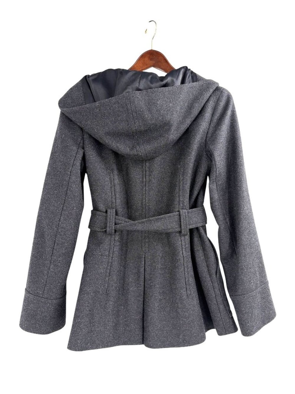 Theory Womens Large Wool Blend Gray Belted Coat Hooded Peacoat Capsule Wardrobe - Picture 2 of 7